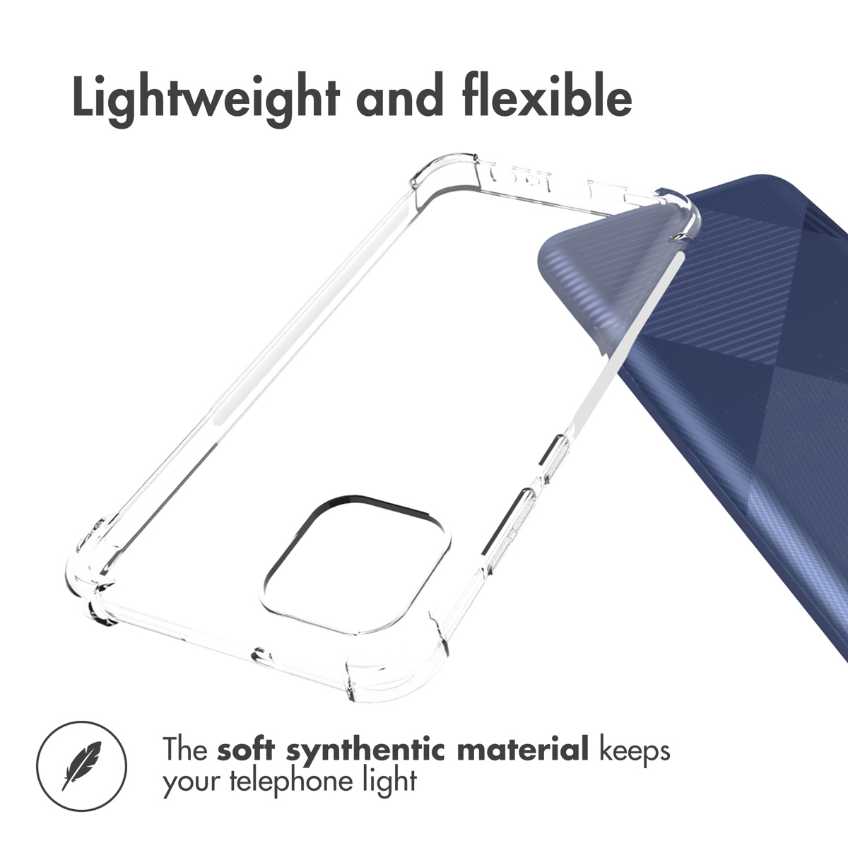 Transparante telefoonhoes, licht en flexibel, met blauwe telefoon.