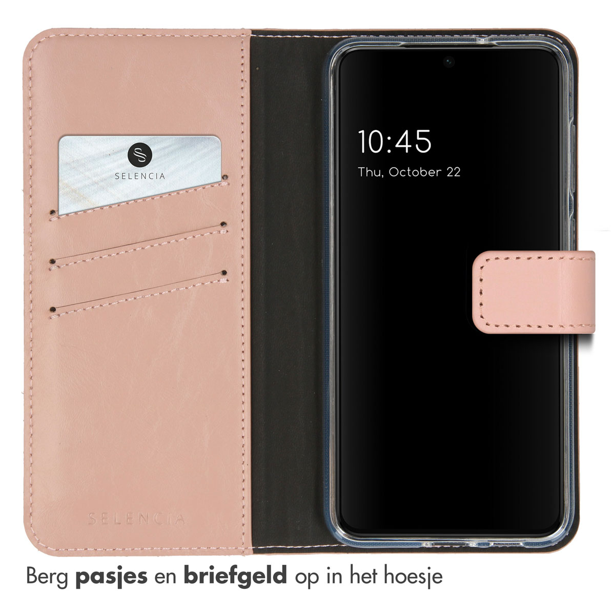 Roze telefoonhoes met kaartsleuven en een telefoon met de tijd 10:45 op het scherm.