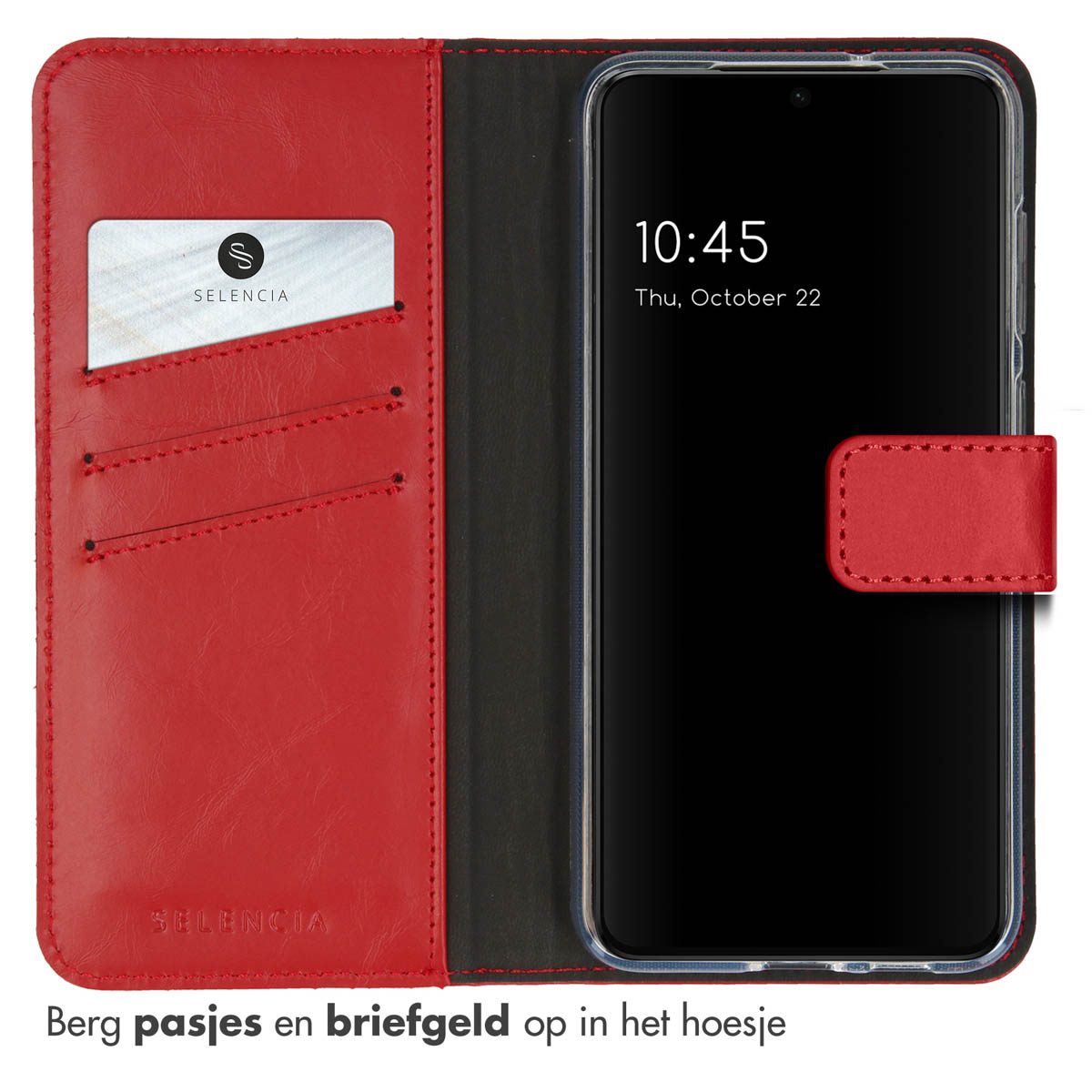Een rode telefoonhoes met een telefoon erin. De telefoon toont de tijd en datum. Een kaartsleuf is zichtbaar.