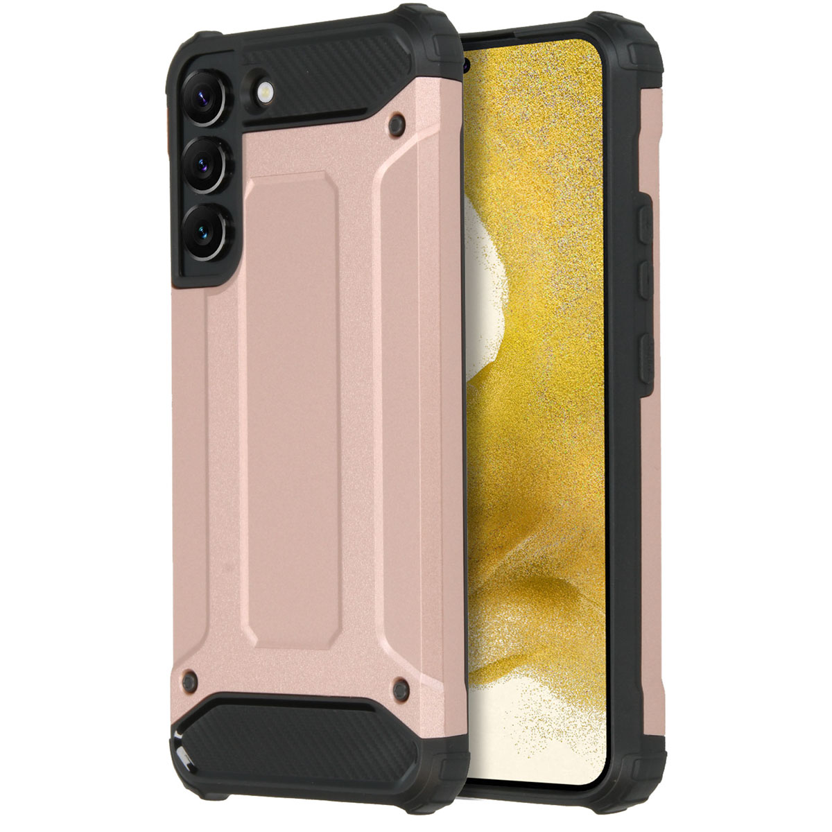Roze en zwarte telefoonhoes met een telefoon erin. De hoes is robuust. Het scherm is zichtbaar.