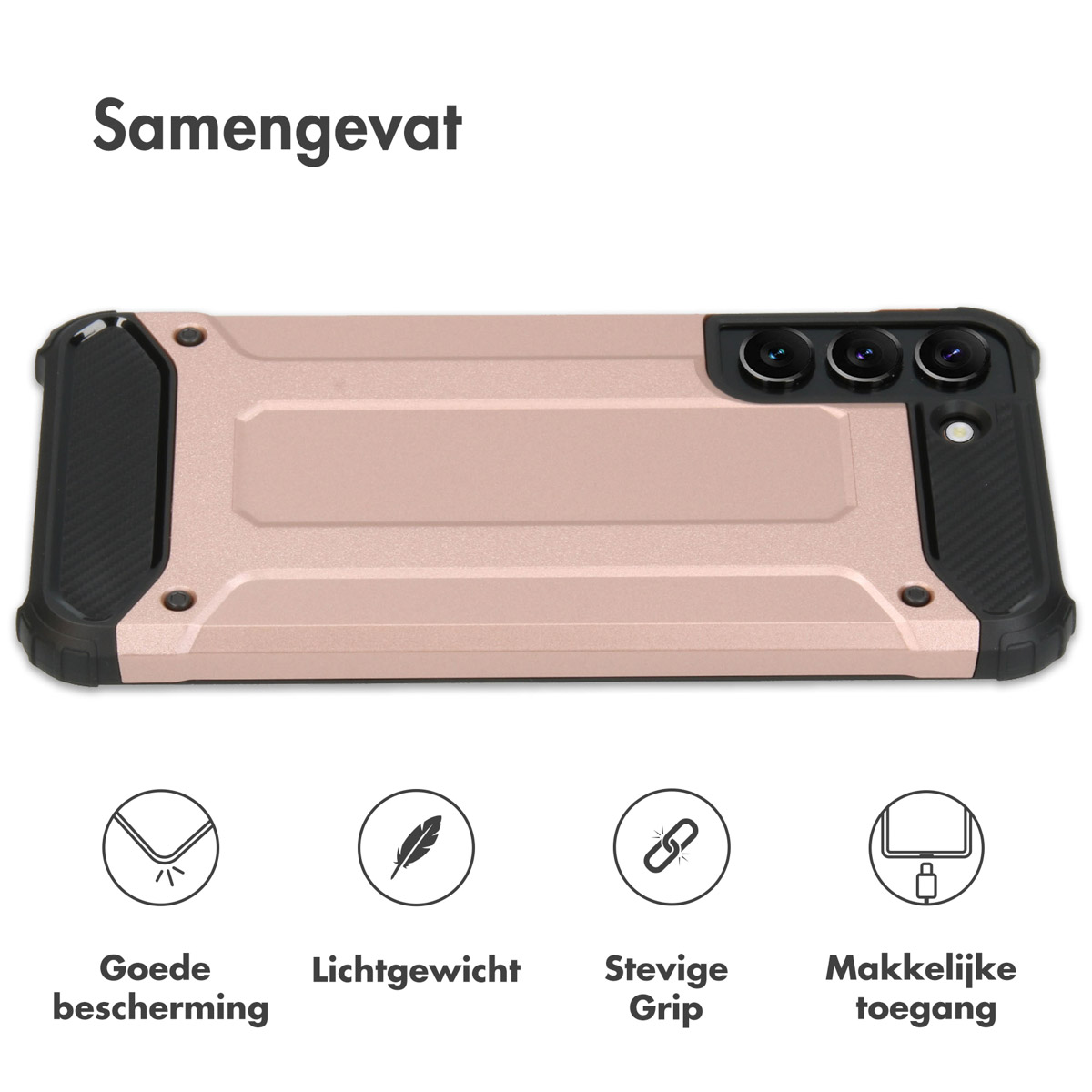 Roze telefoonhoes met drie cameralenzen. Vier pictogrammen onderaan tonen bescherming, lichtgewicht, grip en toegang.