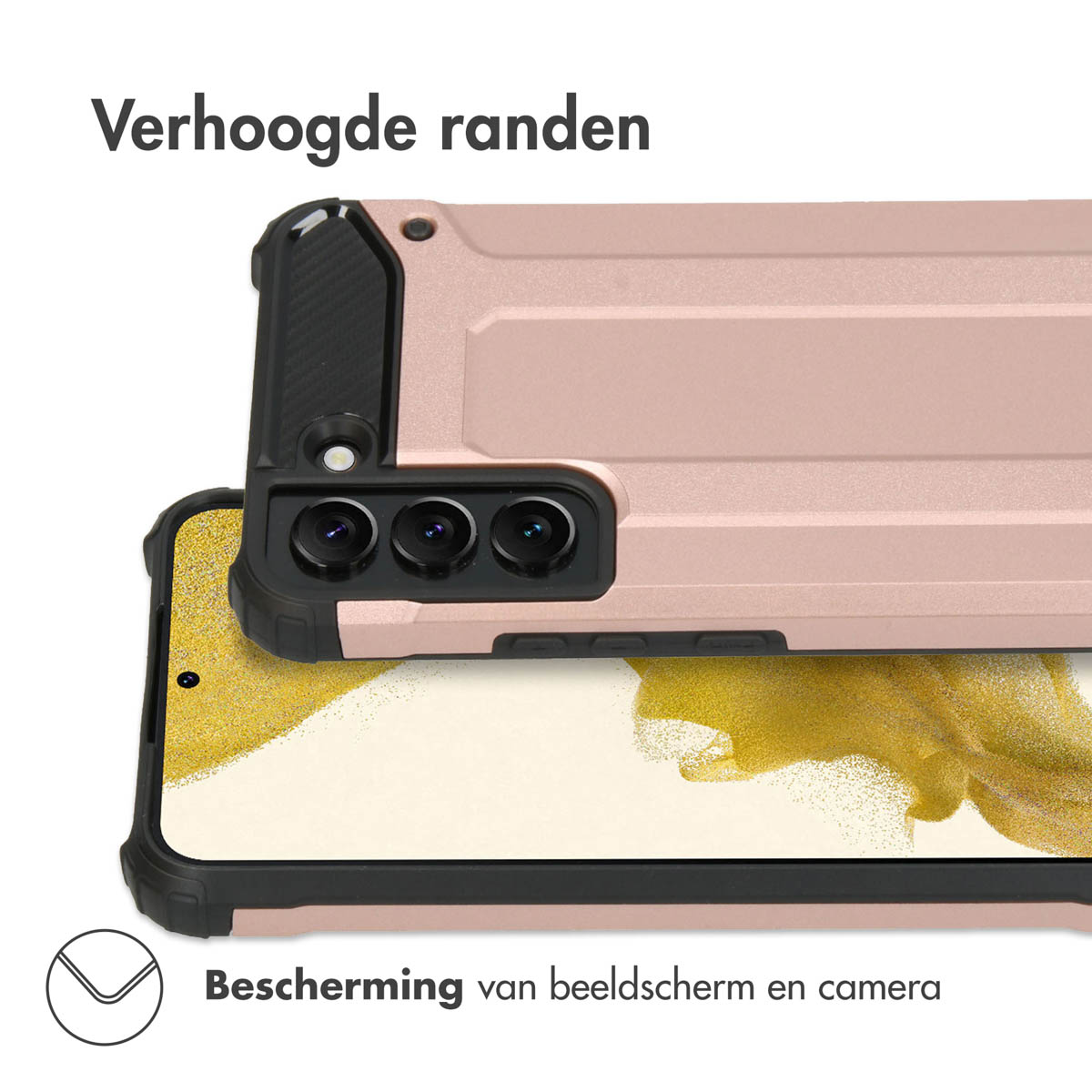 Close-up van een roze telefoonhoesje op een telefoon, met verhoogde randen en camerabescherming.