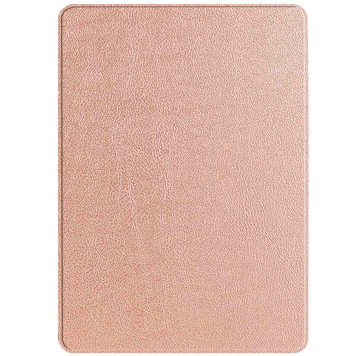 A tablet cover, rose-gold in color, with a textured surface.