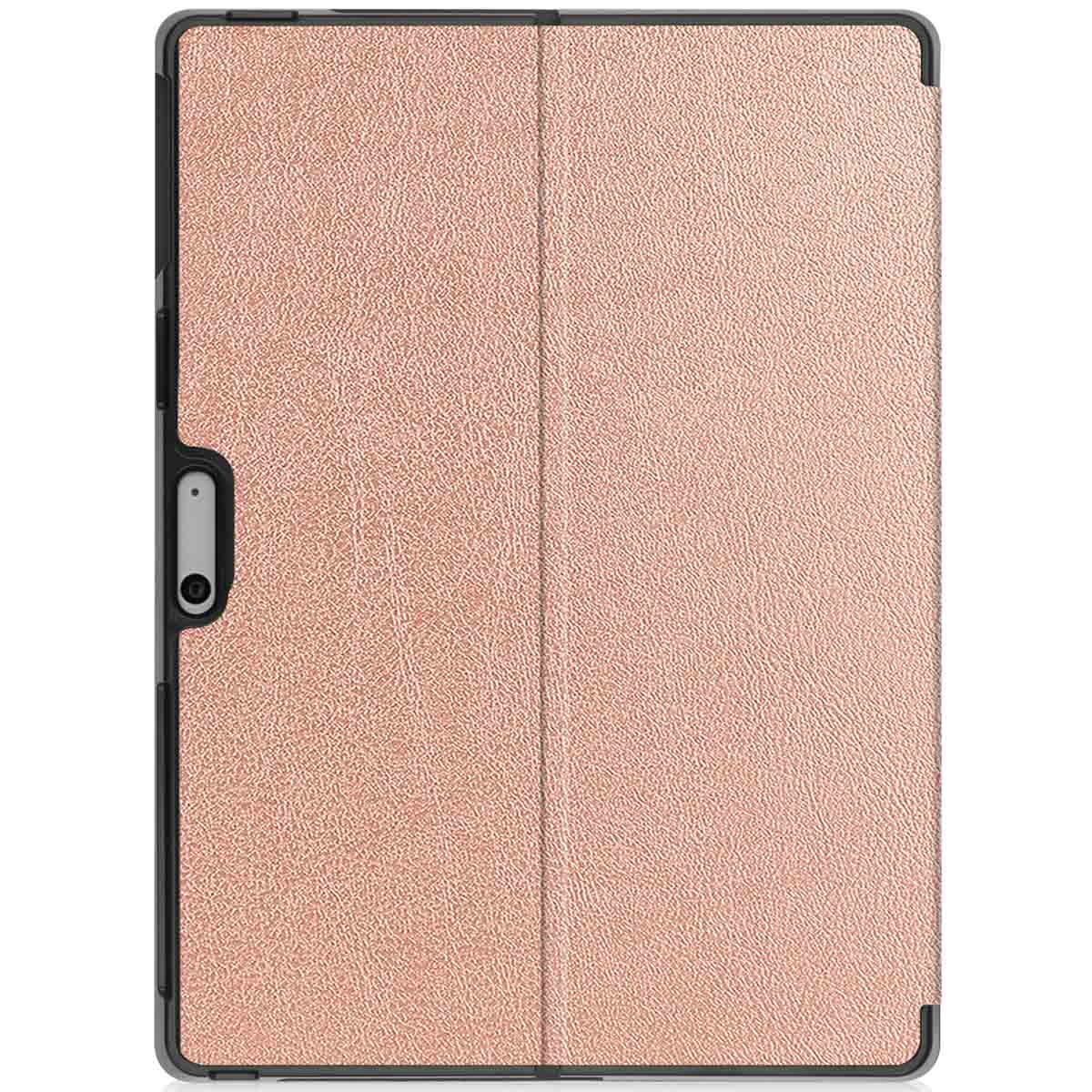A tablet case, rose-gold in color, closed with a textured surface. The camera area is visible on the side.