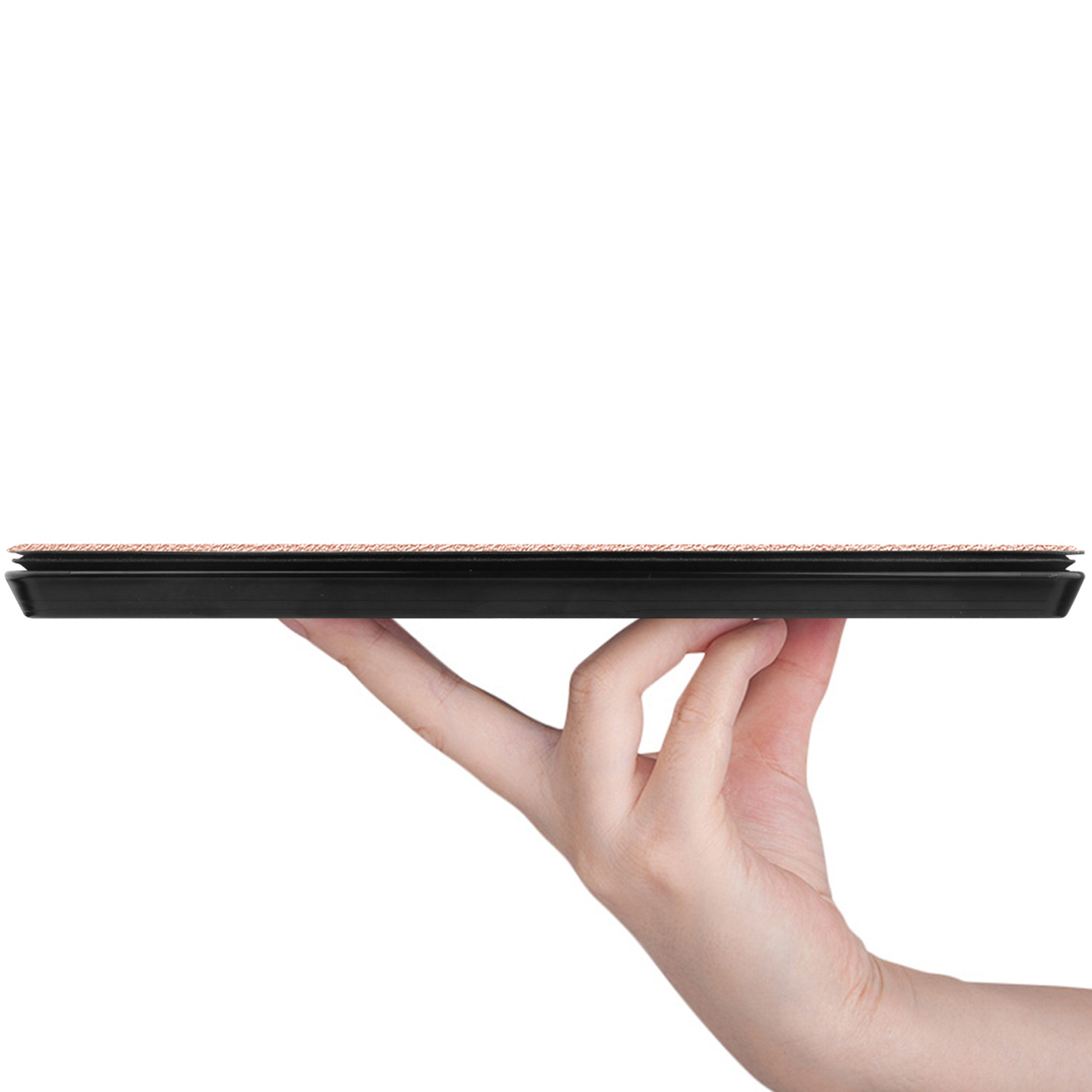 A hand holding a tablet case, showing the side view. The case is rose-gold and textured.