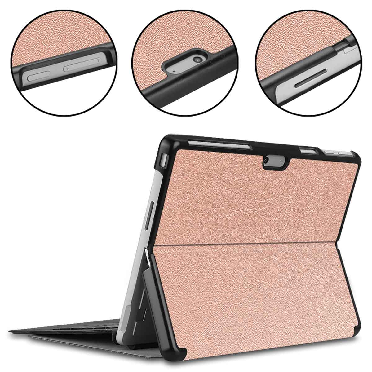 A tablet case, rose-gold in color, open, with close-ups of the case's details. A tablet is visible.