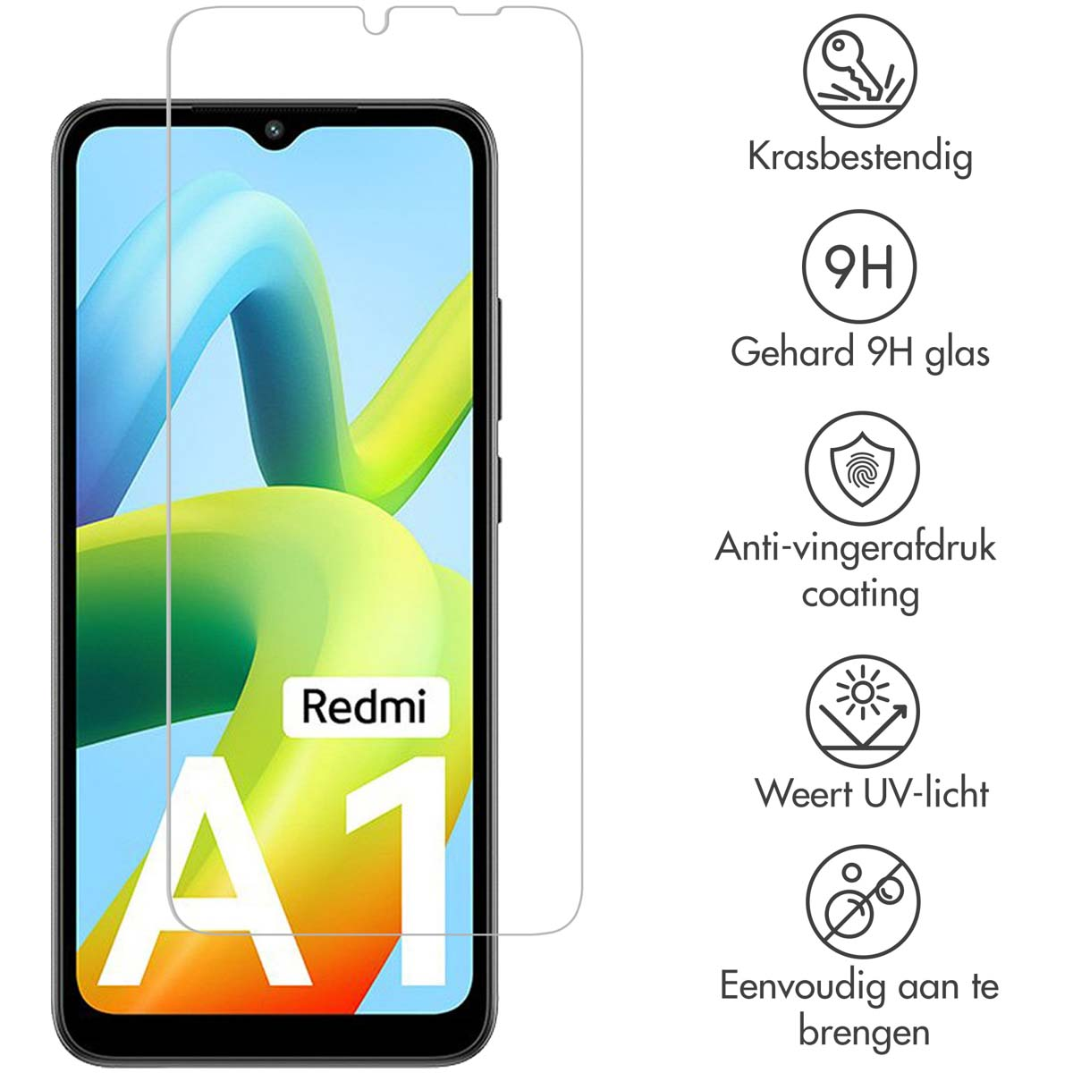 Phone with screen protector, icons indicate scratch resistance, 9H glass, anti-fingerprint, UV protection, easy to apply.
