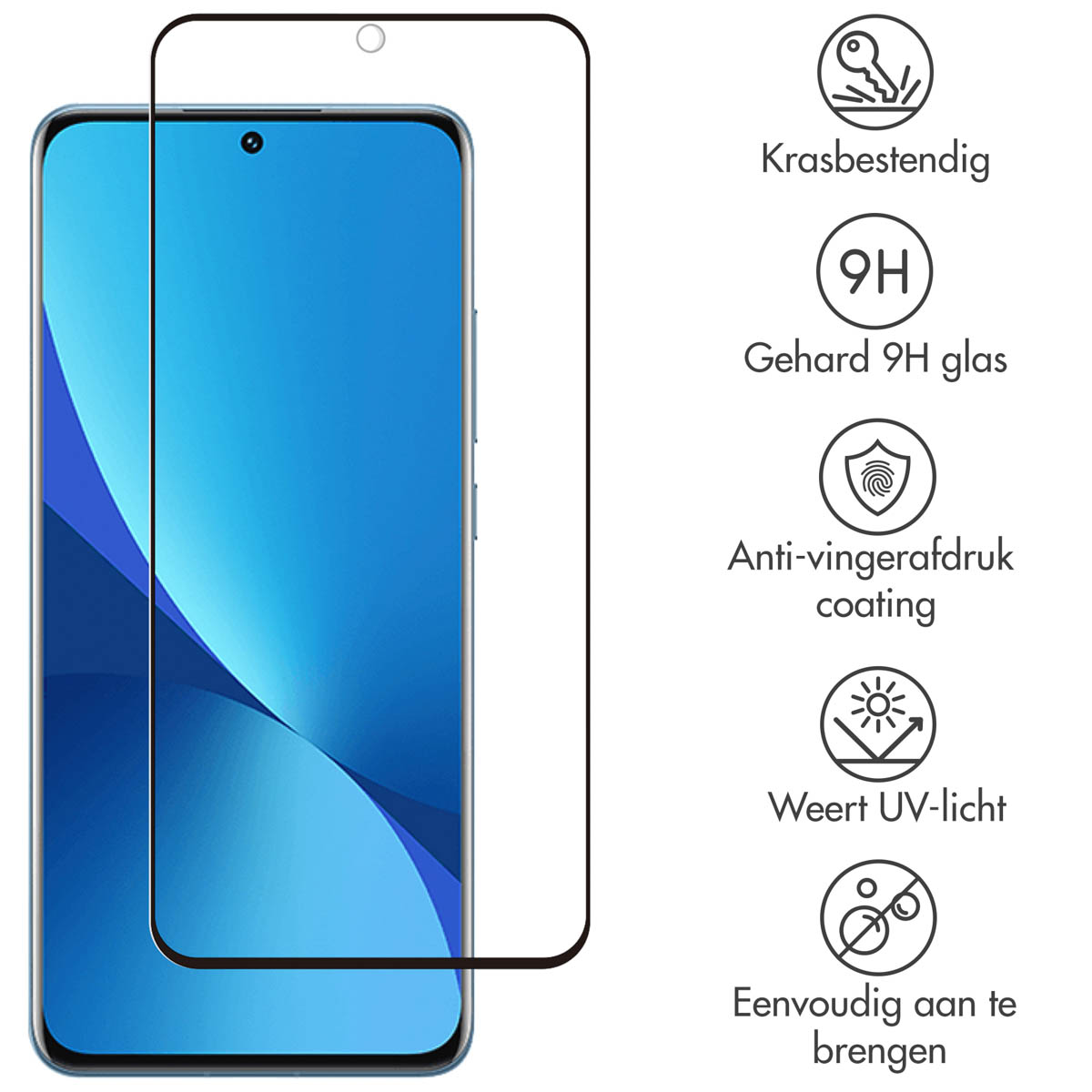 Un téléphone avec un protecteur d'écran. Le protecteur d'écran a des icônes pour la résistance aux rayures, le verre 9H, la protection UV et une application facile.