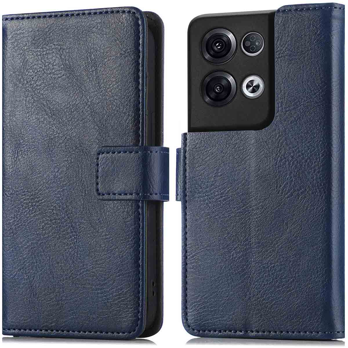 Un telefono in una custodia di pelle blu. La custodia è aperta e chiusa.