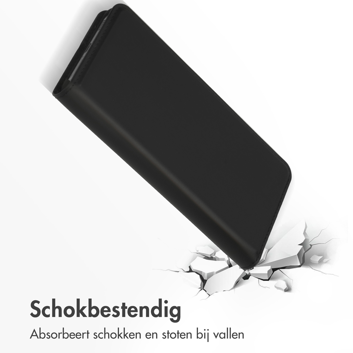 Une coque de téléphone qui tombe. L'étui est noir. Sol blanc fissuré en dessous.