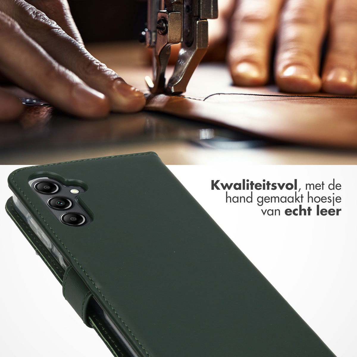 Naaimachine naait leren telefoonhoes. Groene leren telefoonhoes vooraan.