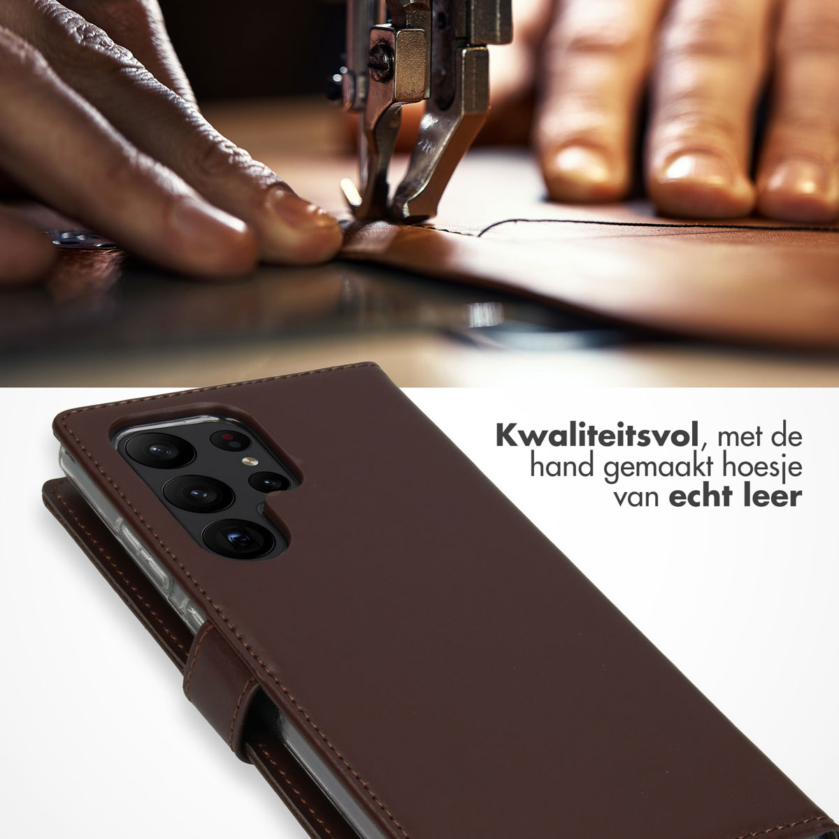 A close-up of a sewing machine and a brown leather phone case.