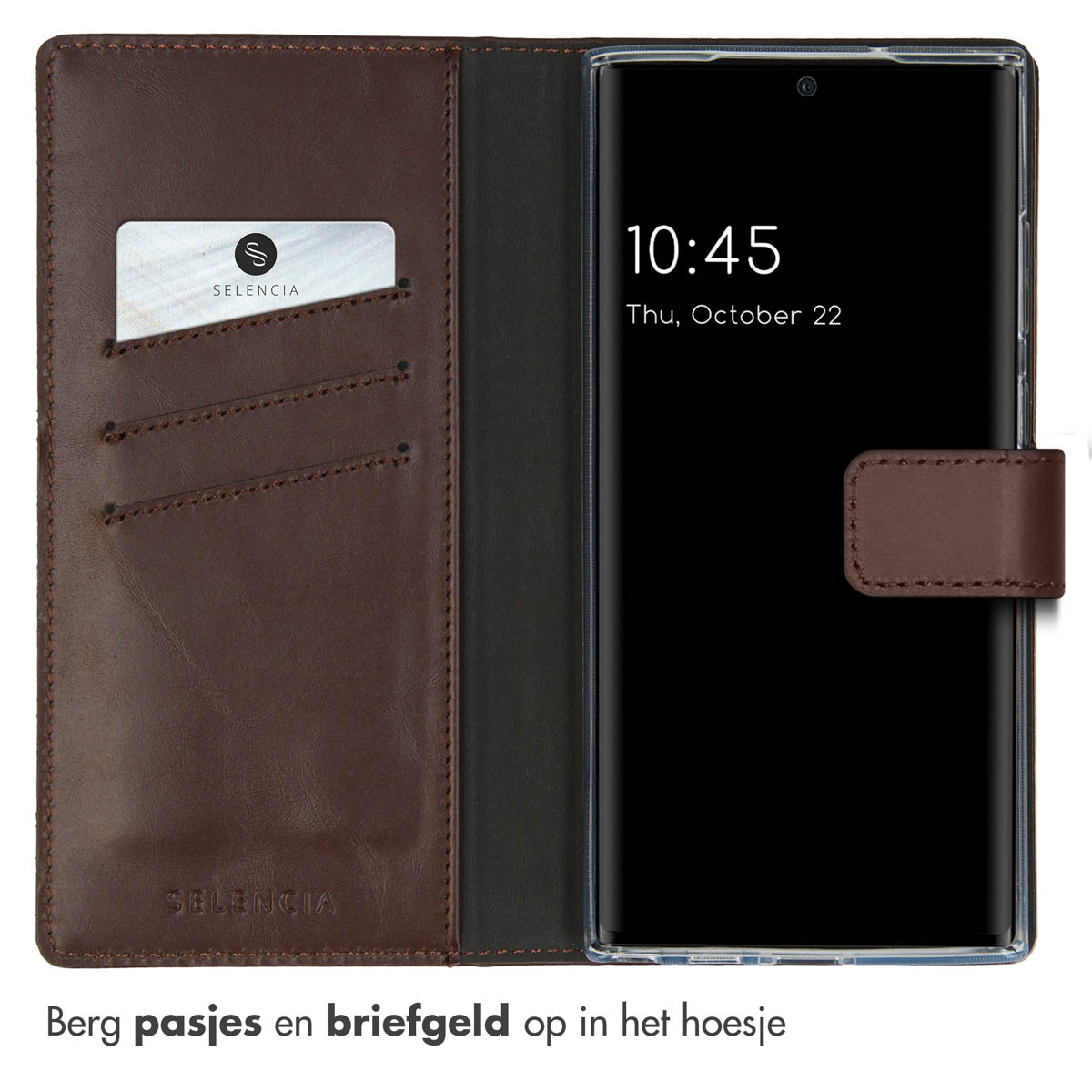 Open brown wallet case with a phone.  A card and phone is on the right.
