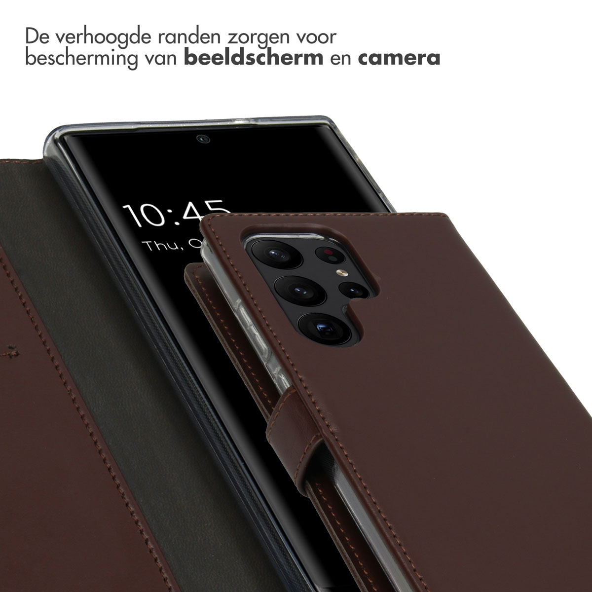 A phone in a brown case. The case is open and has a camera. The screen displays a clock.