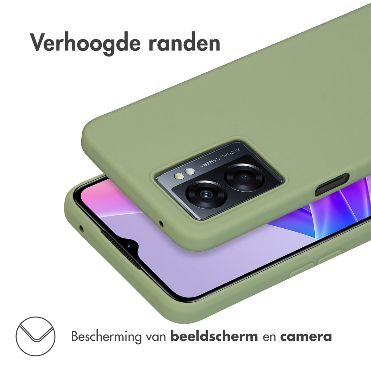 Custodia verde, aperta, mostra il telefono all'interno. Caratteristiche: bordi rialzati per la protezione dello schermo e della fotocamera.