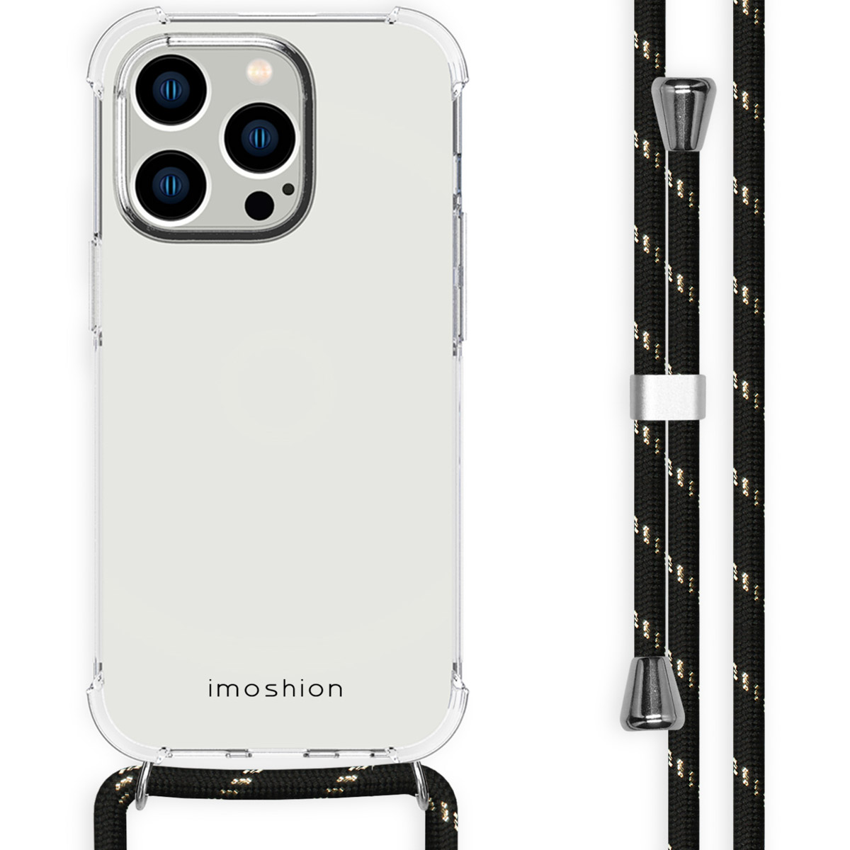 A clear phone case with a black and gold patterned strap. The phone case has the imoshion logo.