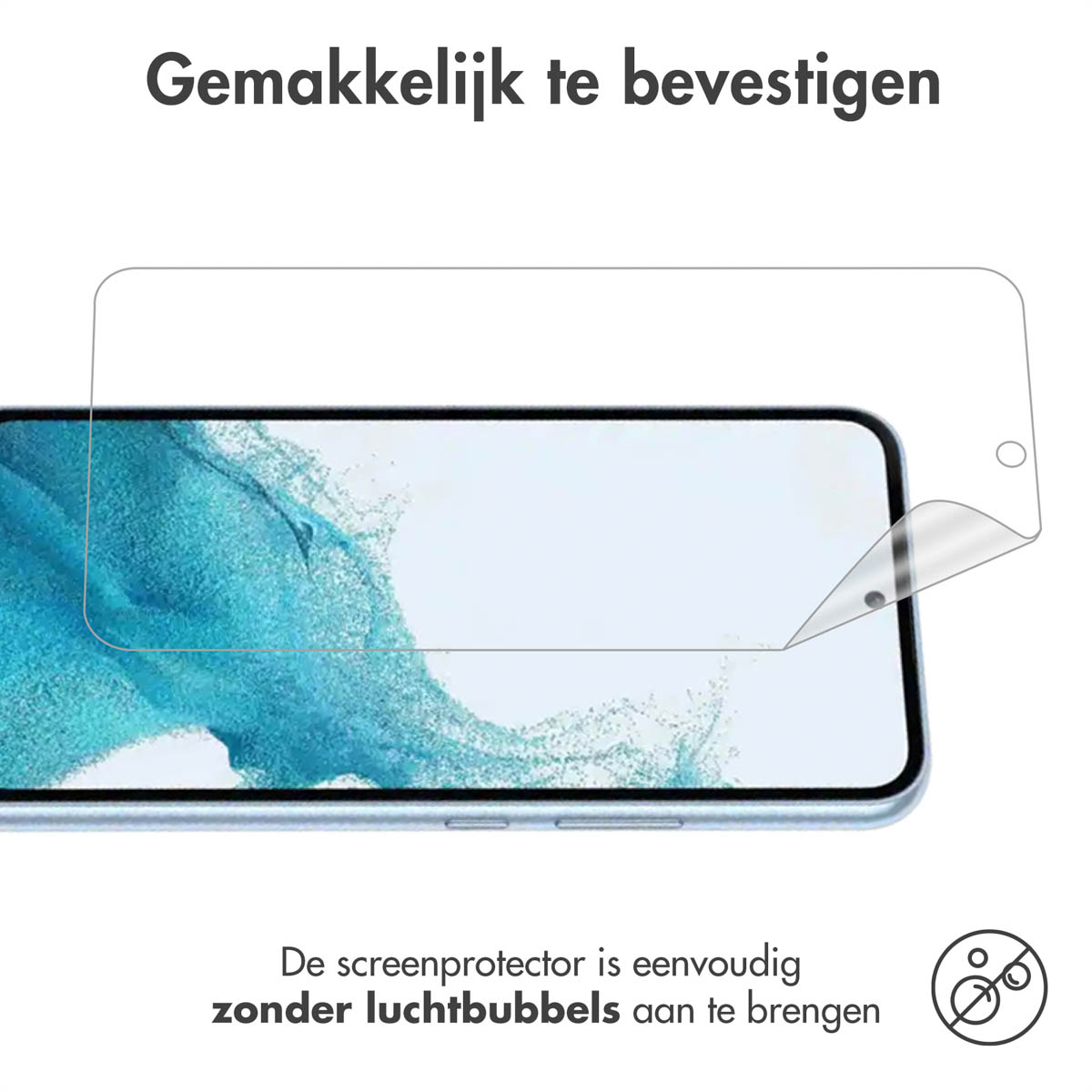 Protecteur d'écran transparent sur le téléphone. Texte : Facile à fixer. Simple sans bulles d'air.