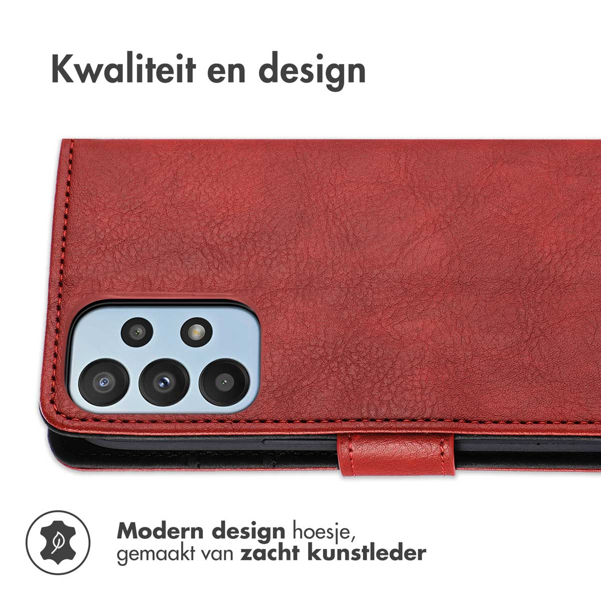 Rode telefoonhoes met telefoon, modern design van zacht imitatieleer.