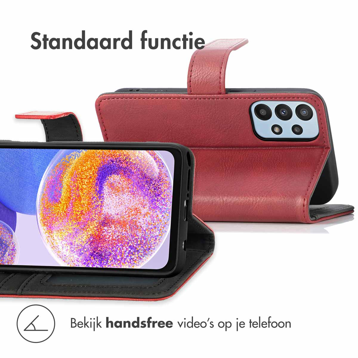 Rode telefoonhoes met telefoon erin. De hoes heeft een standfunctie.