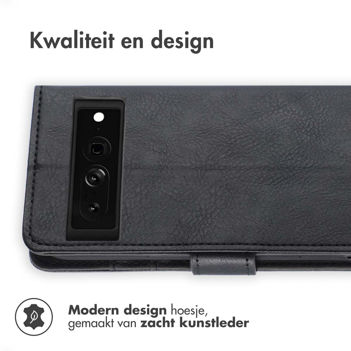 Zwarte leren telefoonhoes met telefoon. Tekst zegt modern design, gemaakt van zacht kunstleer.