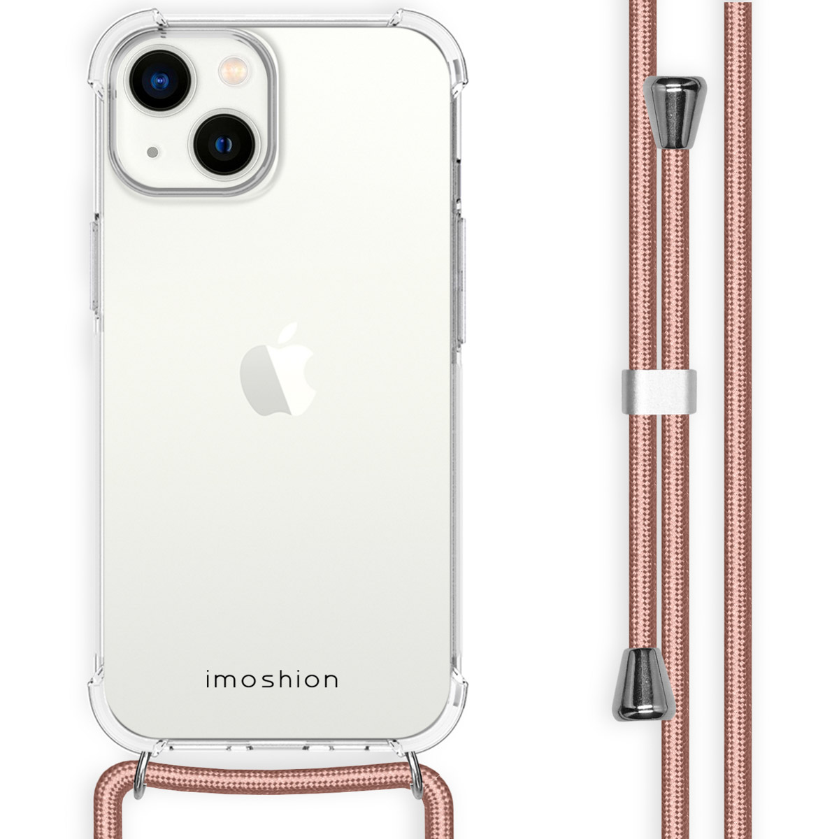 Transparante telefoonhoes met een roze riem. Het Apple-logo is zichtbaar.