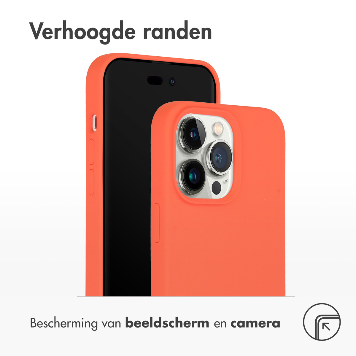 Coque de téléphone orange, avec téléphone à l'intérieur. Texte : Protection de l'écran et de l'appareil photo. Bords surélevés.