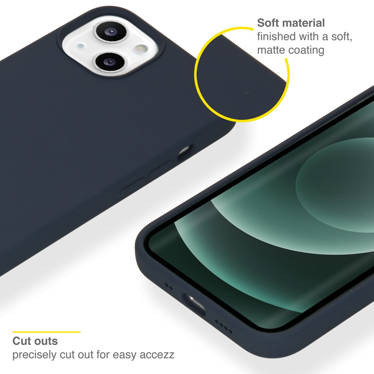 Donkerblauwe telefoonhoes en telefoon. Hoes heeft zachte matte coating. Zijkant en camera zichtbaar.