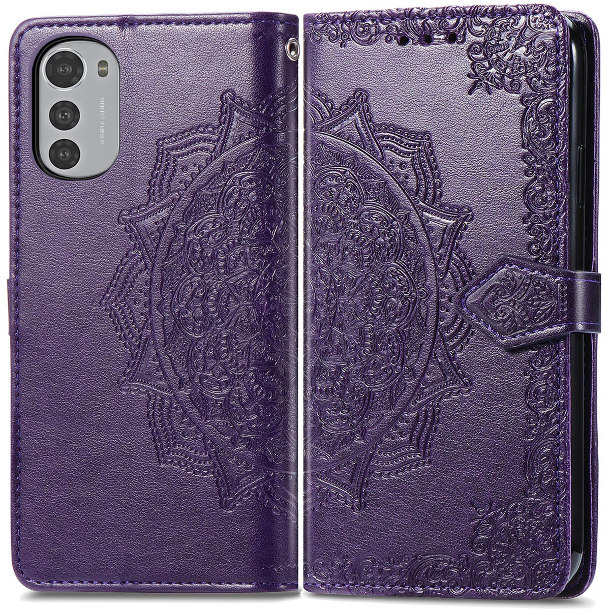 Étui portefeuille pour téléphone violet avec un motif de mandala. Le téléphone est visible.