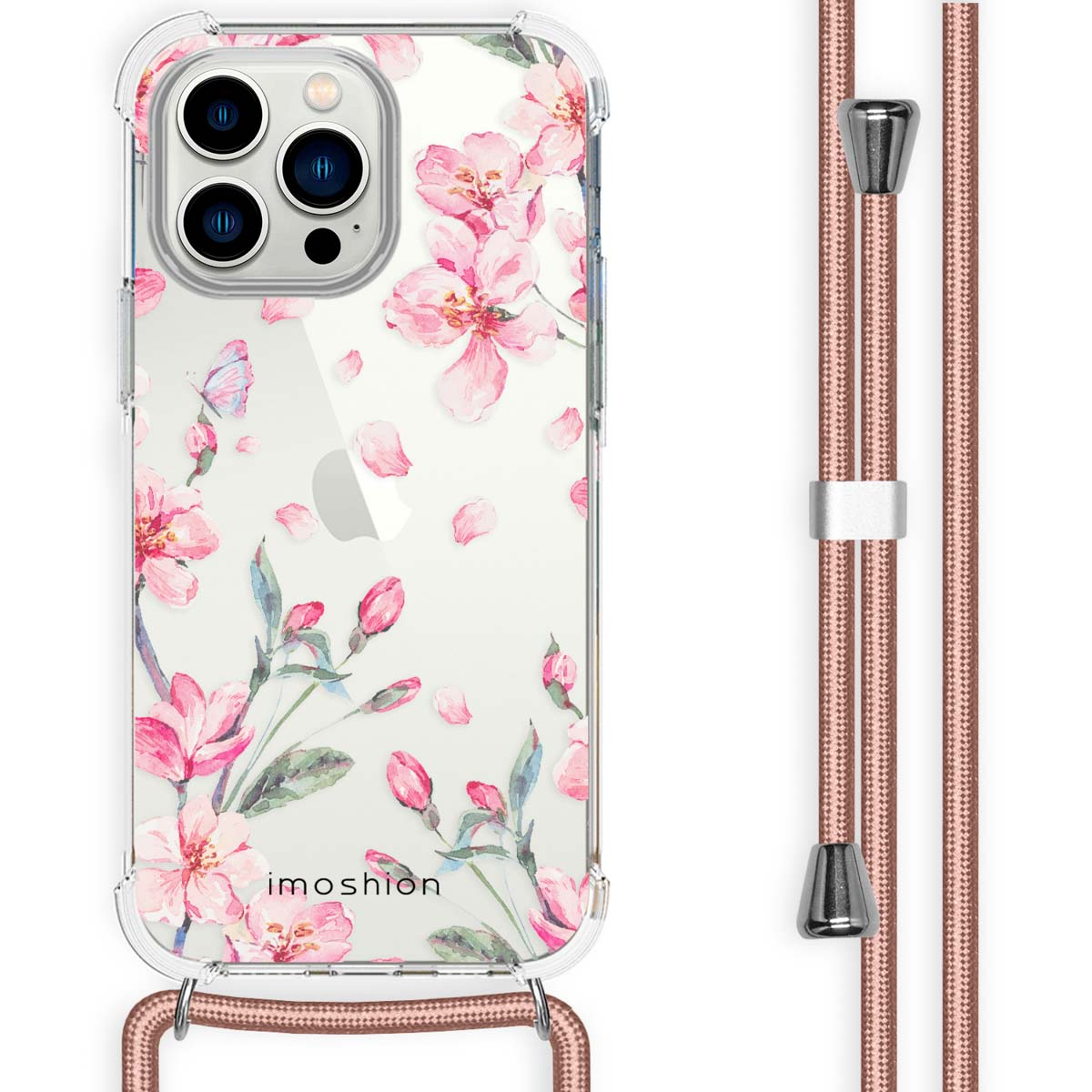 Telefoonhoesje met roze bloemenontwerp en bijpassend koord, toont een stijlvol accessoire.