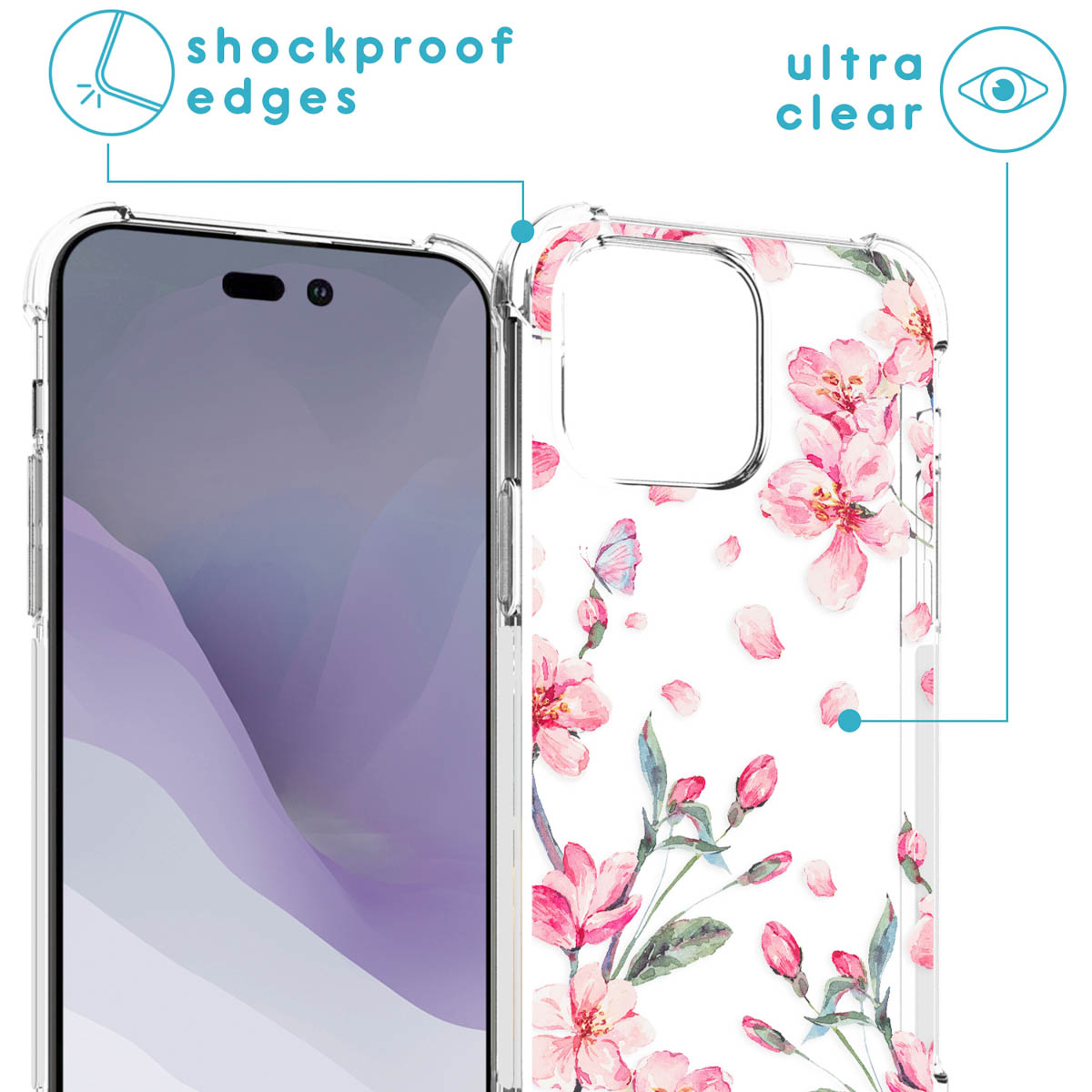 Transparante telefoonhoes met bloemmotief, telefoon erin. Schokbestendige randen, ultra helder.