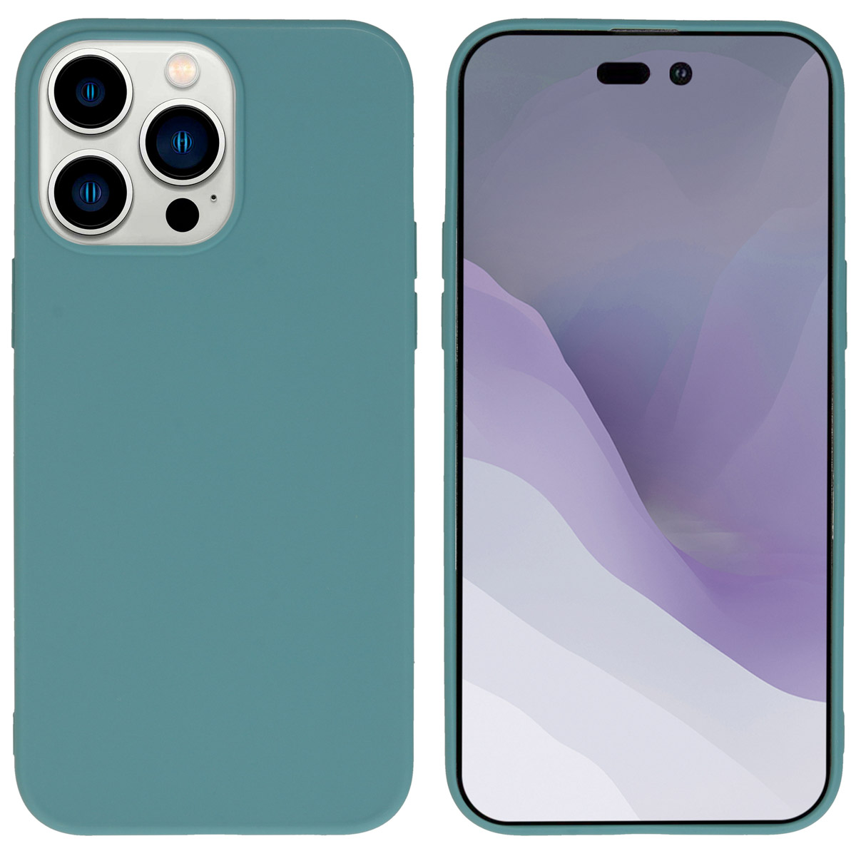 Blauwe telefoonhoes naast een telefoon. De telefoon toont een abstracte paarse en witte afbeelding.