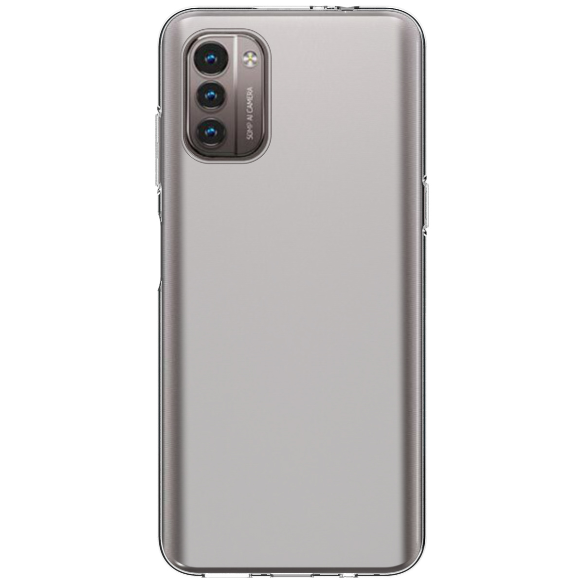 Grijze telefoon met een doorzichtige hoes. Telefoon heeft camera en flitser in de linkerbovenhoek.