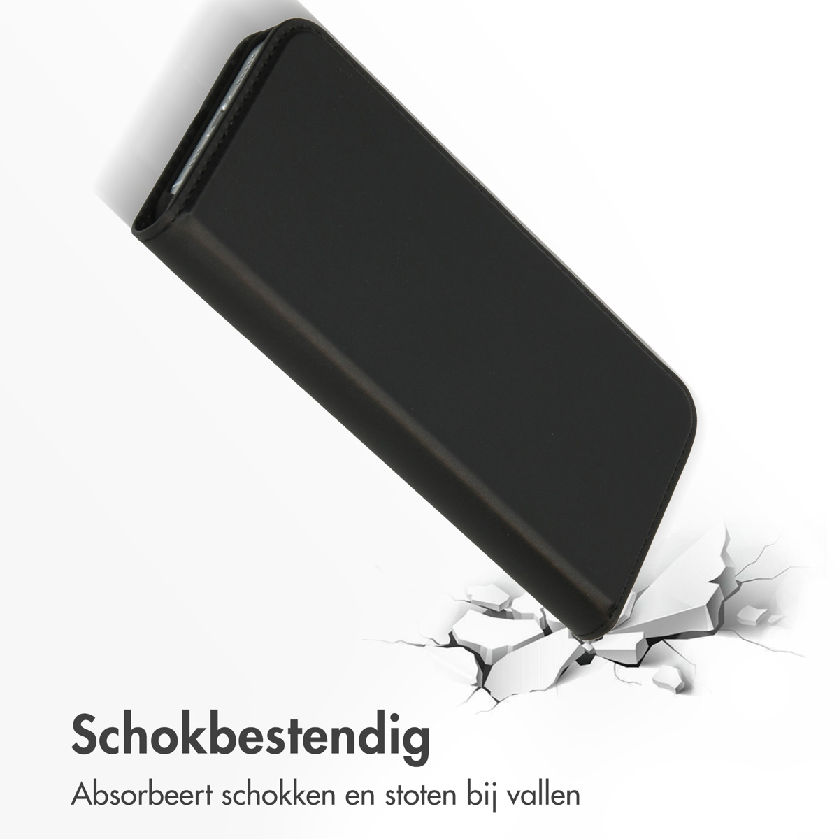 Zwarte telefoonhoes op witte achtergrond. De hoes ligt op een gebarsten oppervlak. Tekst: Schokbestendig.
