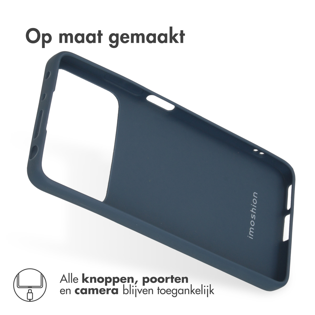 Blauwe telefoonhoes, schuin. Tekst luidt: 'Alle knoppen, poorten en camera blijven toegankelijk'.