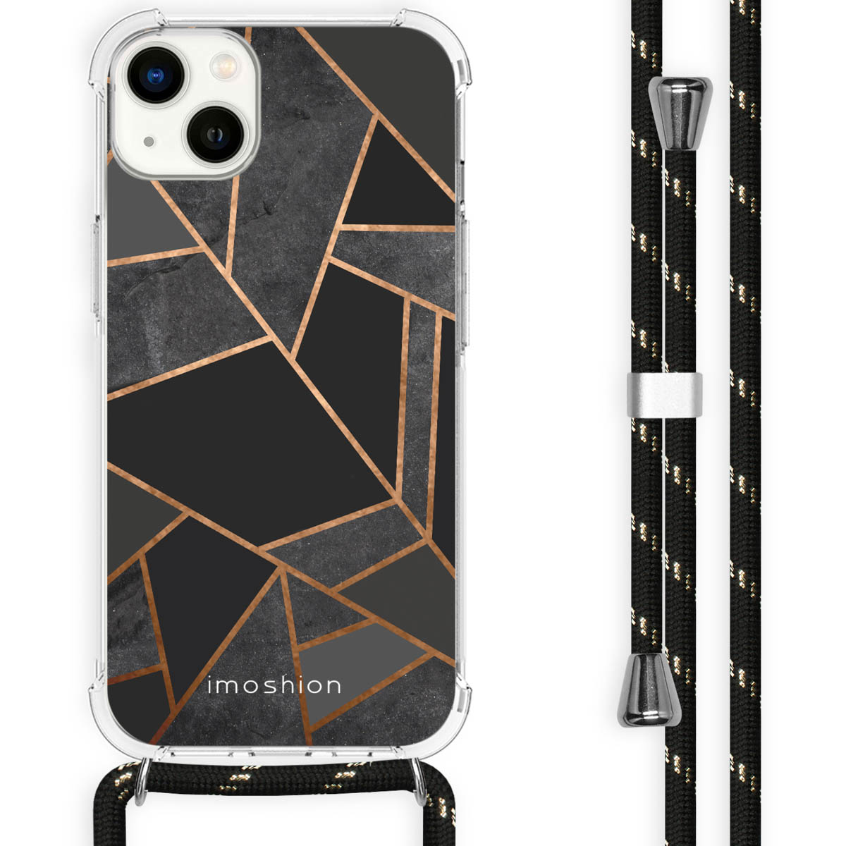 Phone case with geometric pattern and a black strap. The strap has silver details.