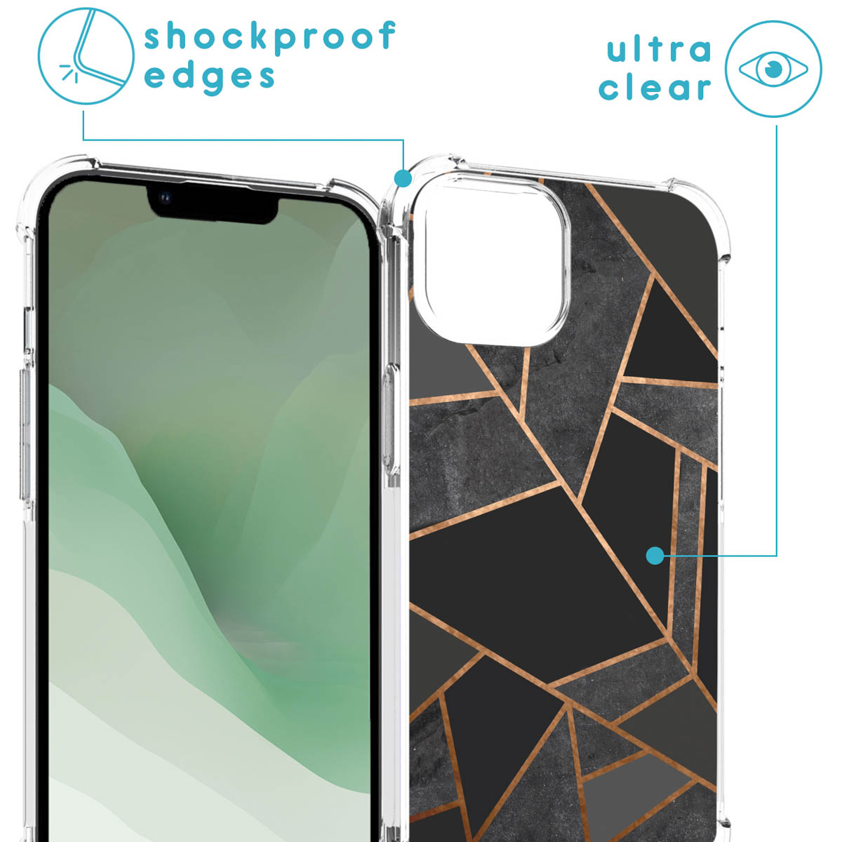 A phone case with a modern design. The edges are shockproof and the case is ultra clear with a geometric pattern.