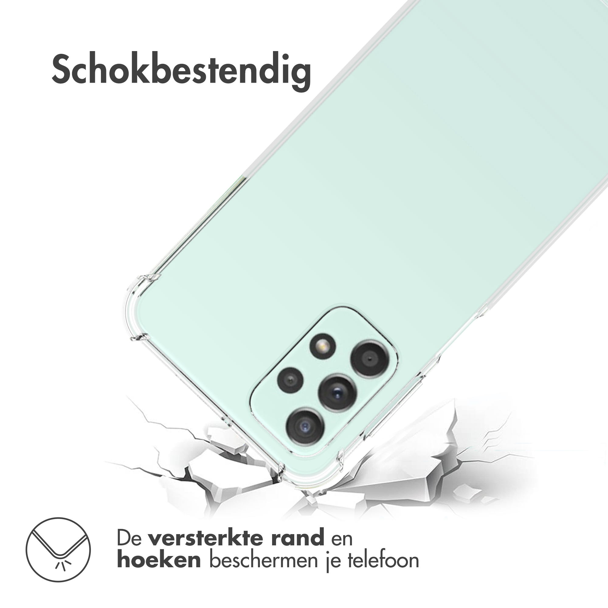 Telefoon in een doorzichtige hoes, schuin alsof gevallen, gebarsten grondafbeelding, tekst: Schokbestendig. Versterkte randen beschermen uw telefoon.