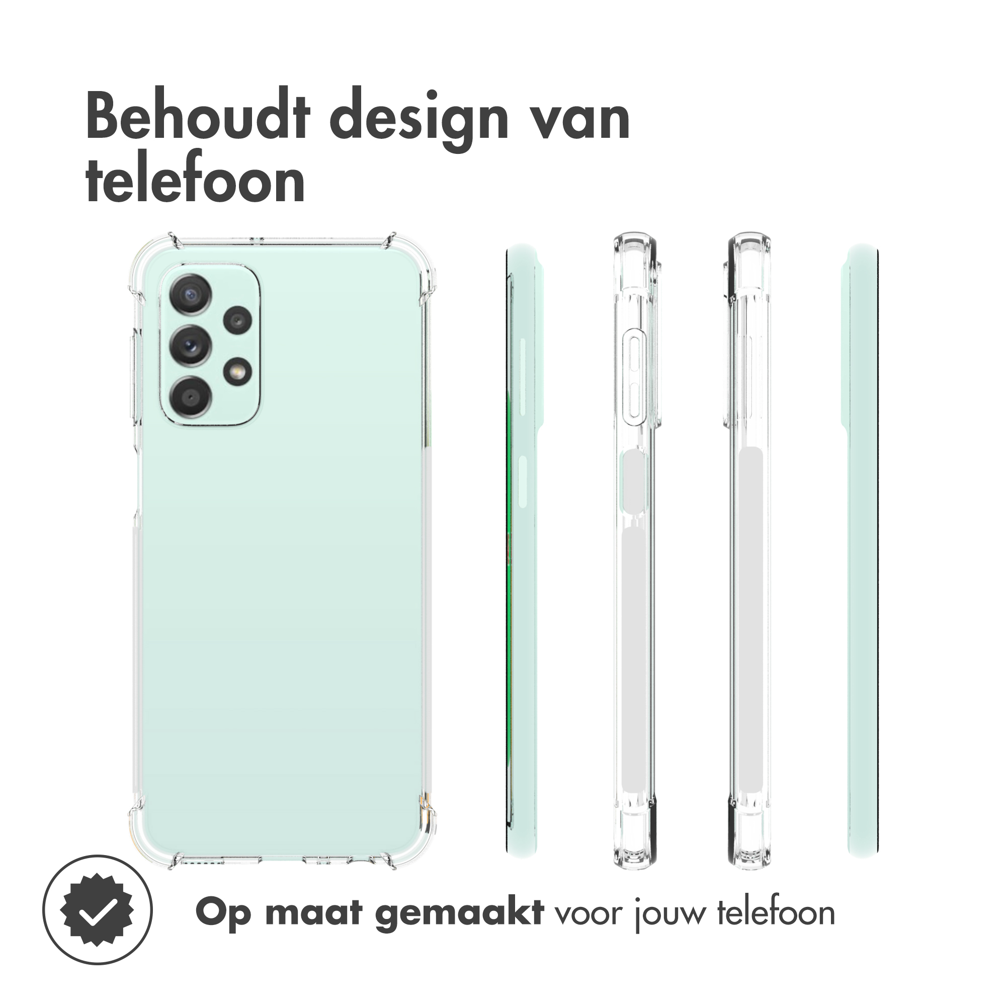 Een telefoonhoesje, met verschillende weergaven. De hoes is doorzichtig en de telefoon erin is lichtgroen.