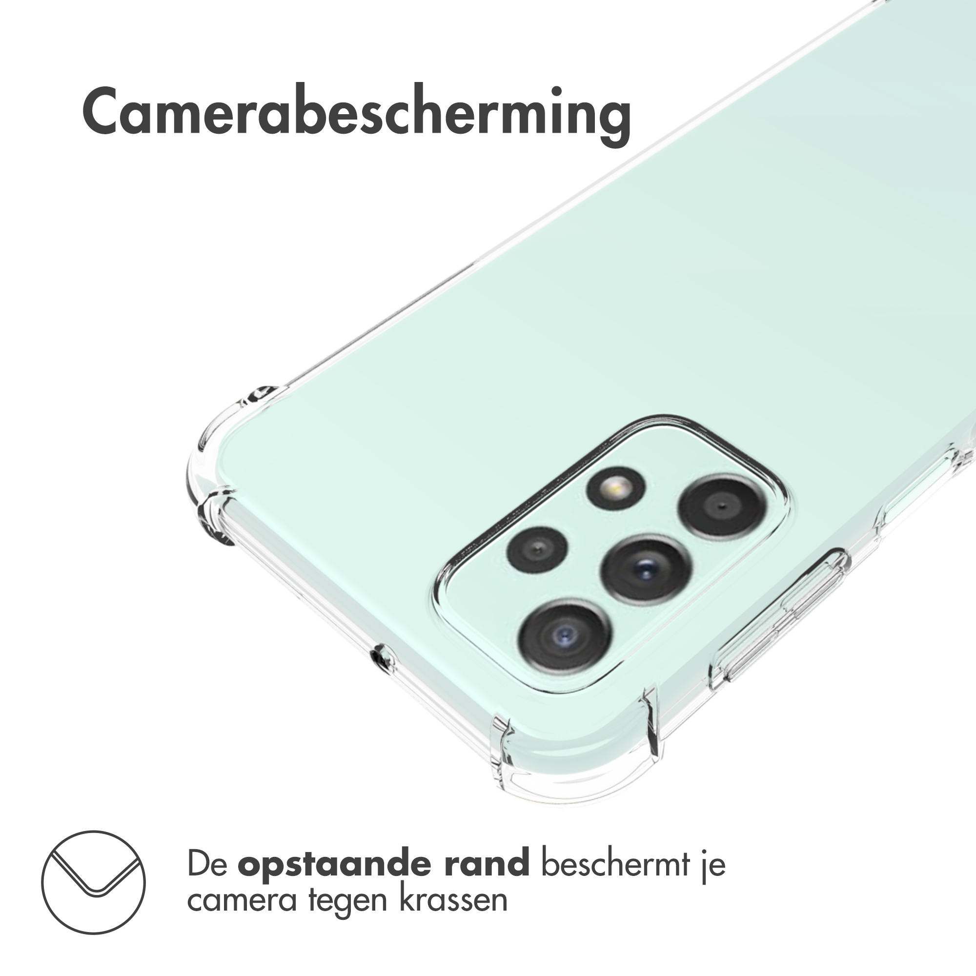 Een telefoonhoesje met een helder, beschermend ontwerp. Het is lichtgroen met een transparante rand, de cameralenzen zijn zichtbaar.