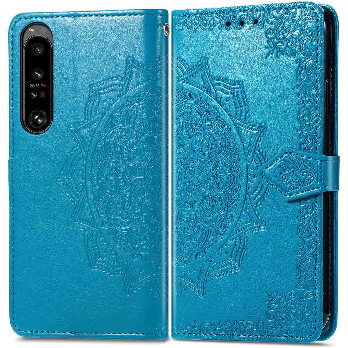 Un étui de téléphone bleu avec un motif. Le téléphone est à l'intérieur. Couvercle ouvert. Motif de type mandala.