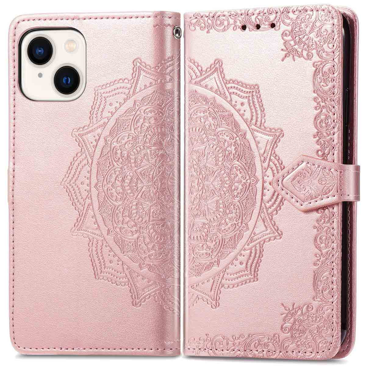 Rosa Handyhülle, offen, mit geprägtem Mandala-Muster. Telefon links.