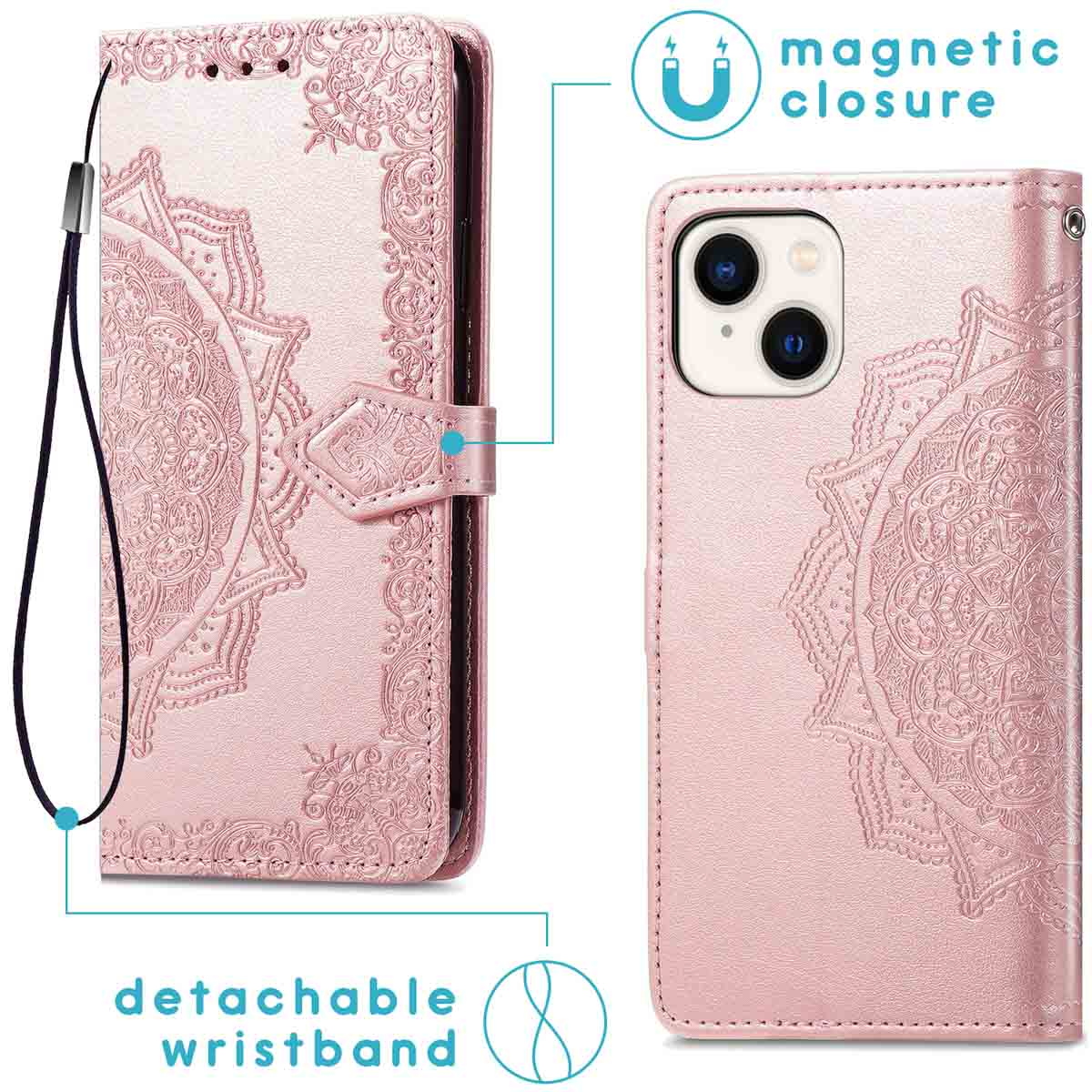 Rosa Handyhülle mit Mandala-Design. Sie hat ein abnehmbares Handgelenkband und einen Magnetverschluss.