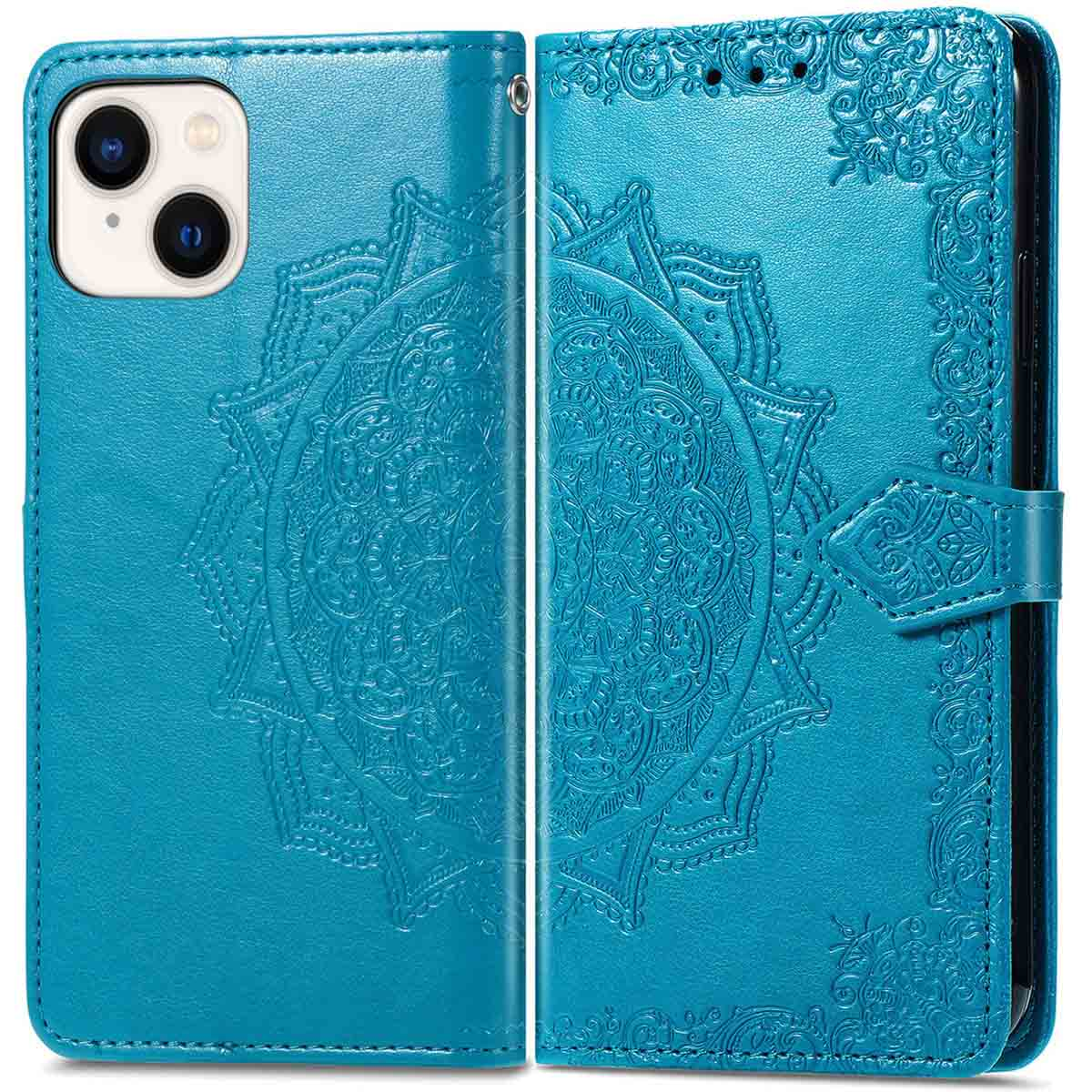 Blaue Handyhülle mit Mandala-Design. Geöffnet, Telefon innen.