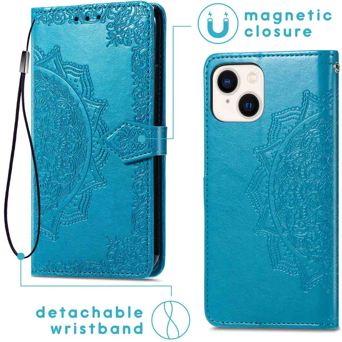 Blaue Handy-Geldbörsenhülle mit Blumenmuster und Handschlaufe. Magnetverschluss sichtbar. Hülle geöffnet und geschlossen.