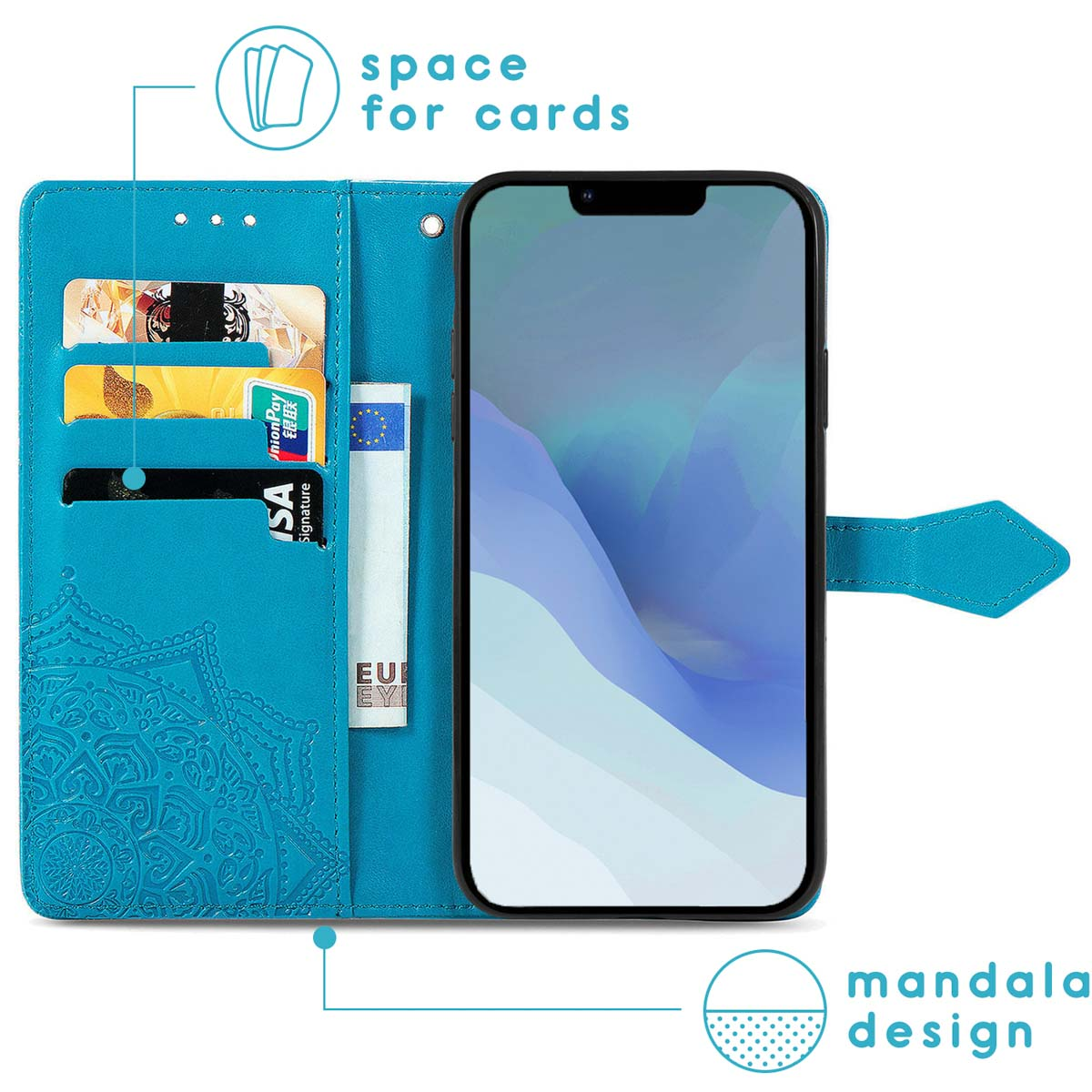 Türkisfarbene Handyhülle offen, Smartphone mit Mandala-Design und Platz für Karten.