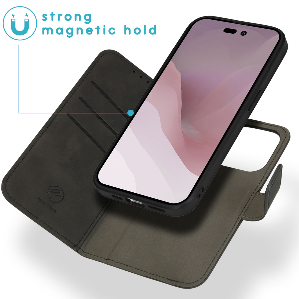 Zwarte telefoonhoes met telefoon. Sterke magnetische grip.