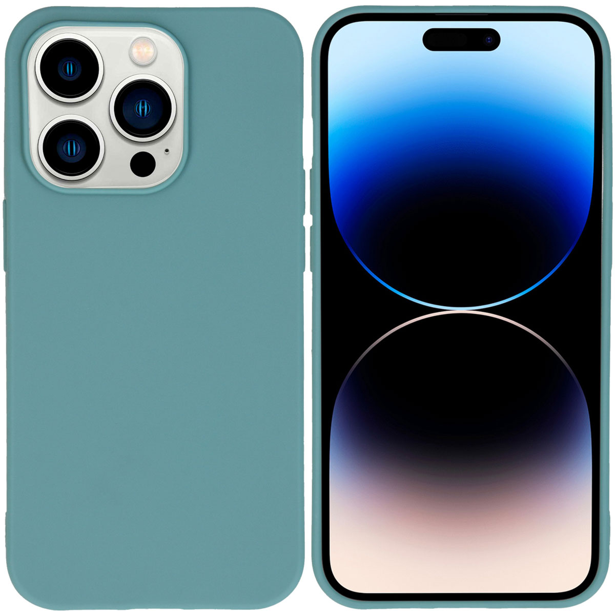 Coque de téléphone bleu-vert sur le téléphone. Le téléphone est vu de face et de dos.