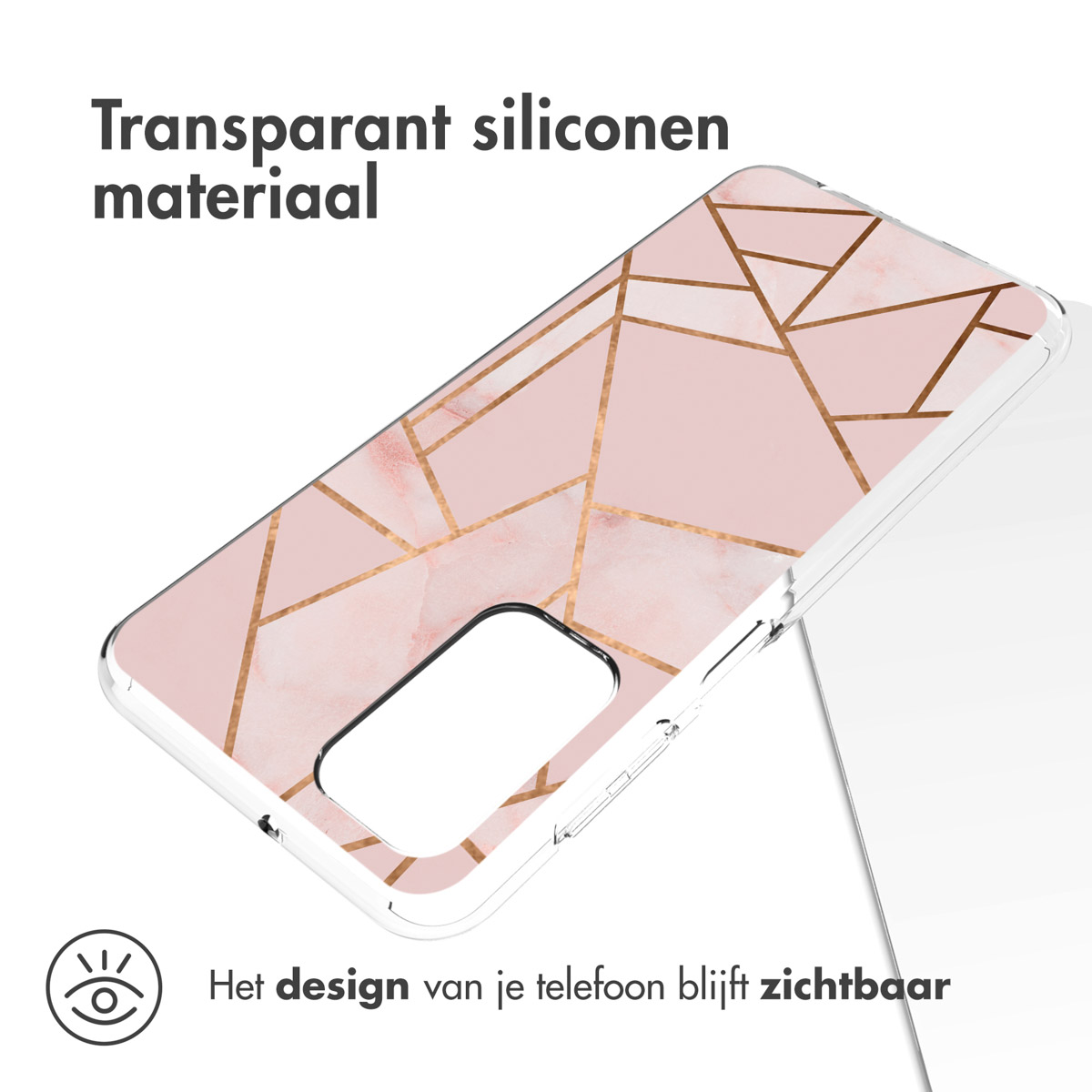 Coque transparente avec design géométrique rose. Téléphone visible. Texte : Matériau silicone transparent. Le design de votre téléphone reste visible.
