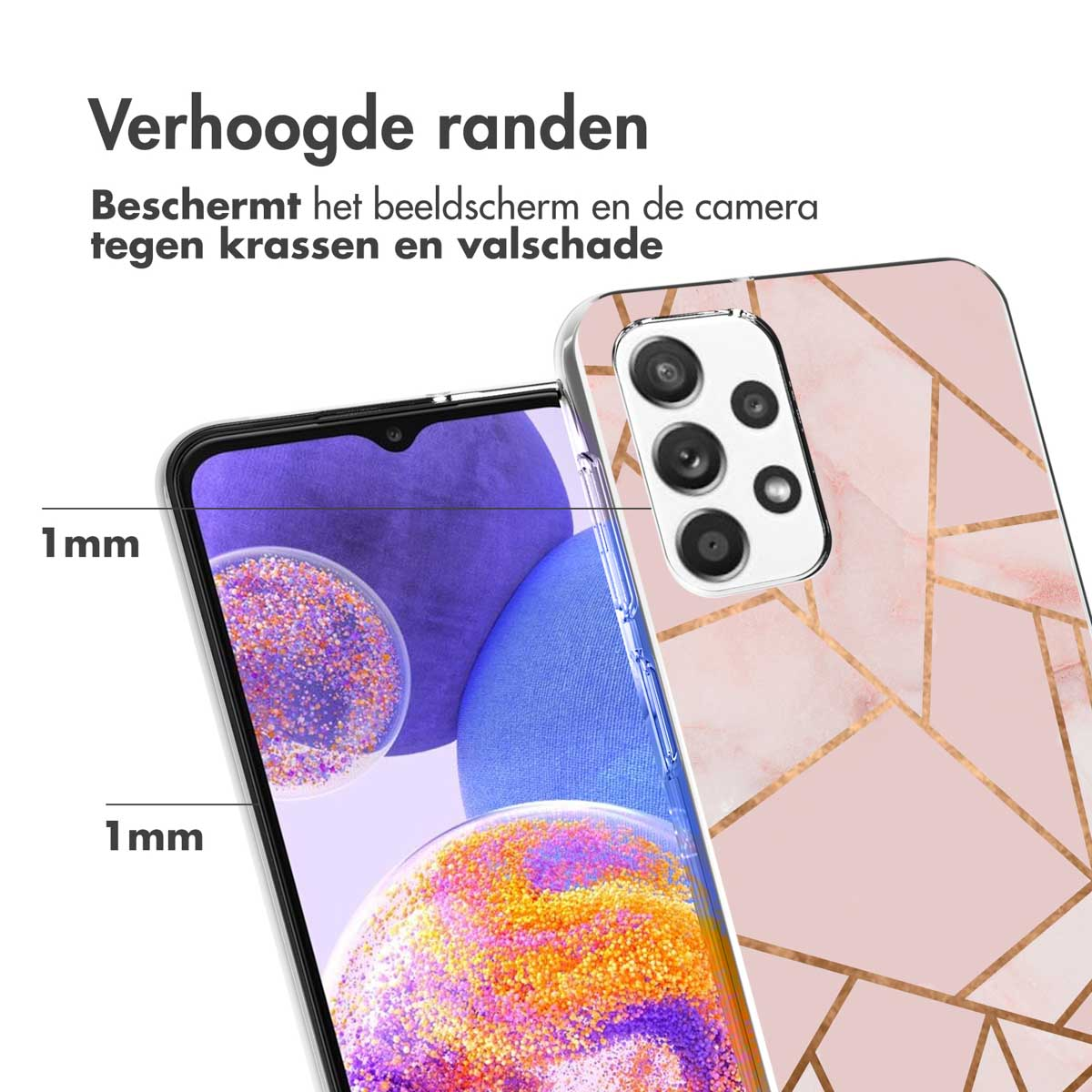 Coque rose avec motif géométrique doré, protégeant l'écran.