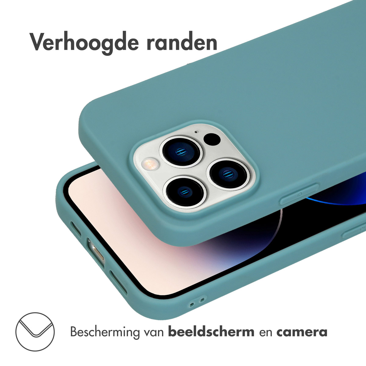 Coque de téléphone bleue avec un téléphone dedans. Montre la protection de l'appareil photo et de l'écran.